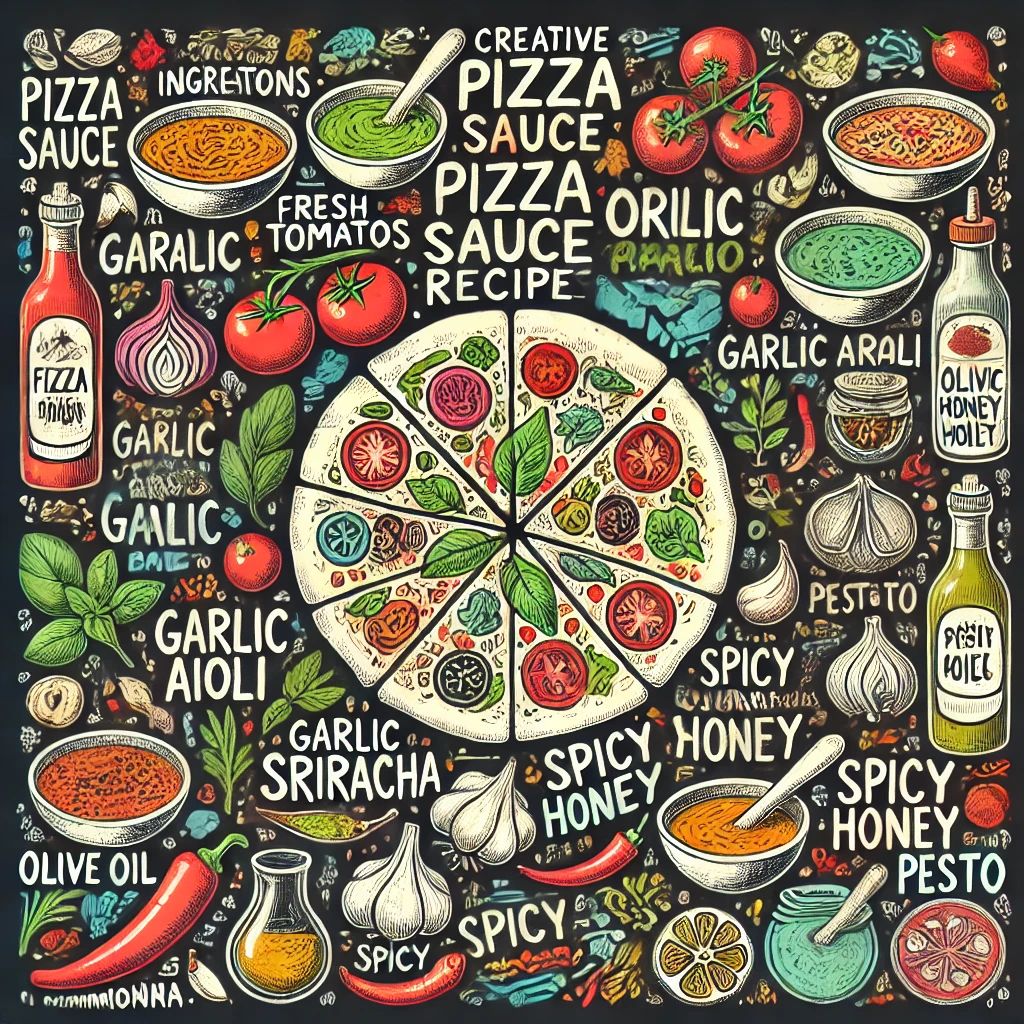 A colorful and artistic visual of creative pizza sauce recipes displayed on a chalkboard-style background. The image features various ingredients like