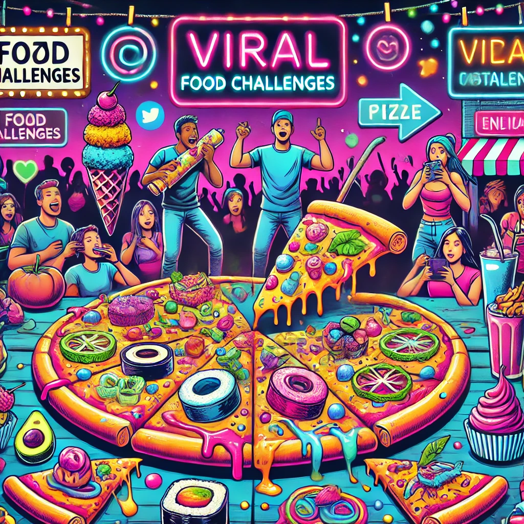 A vibrant illustration showing a lively scene featuring pizza challenges and viral food trends. There are multiple styles of pizza, including one cove