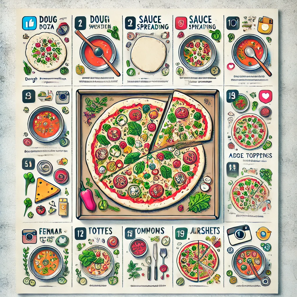 A visually appealing guide on making Instagram-worthy pizza, displayed on a clean, bright background with step-by-step illustrations.