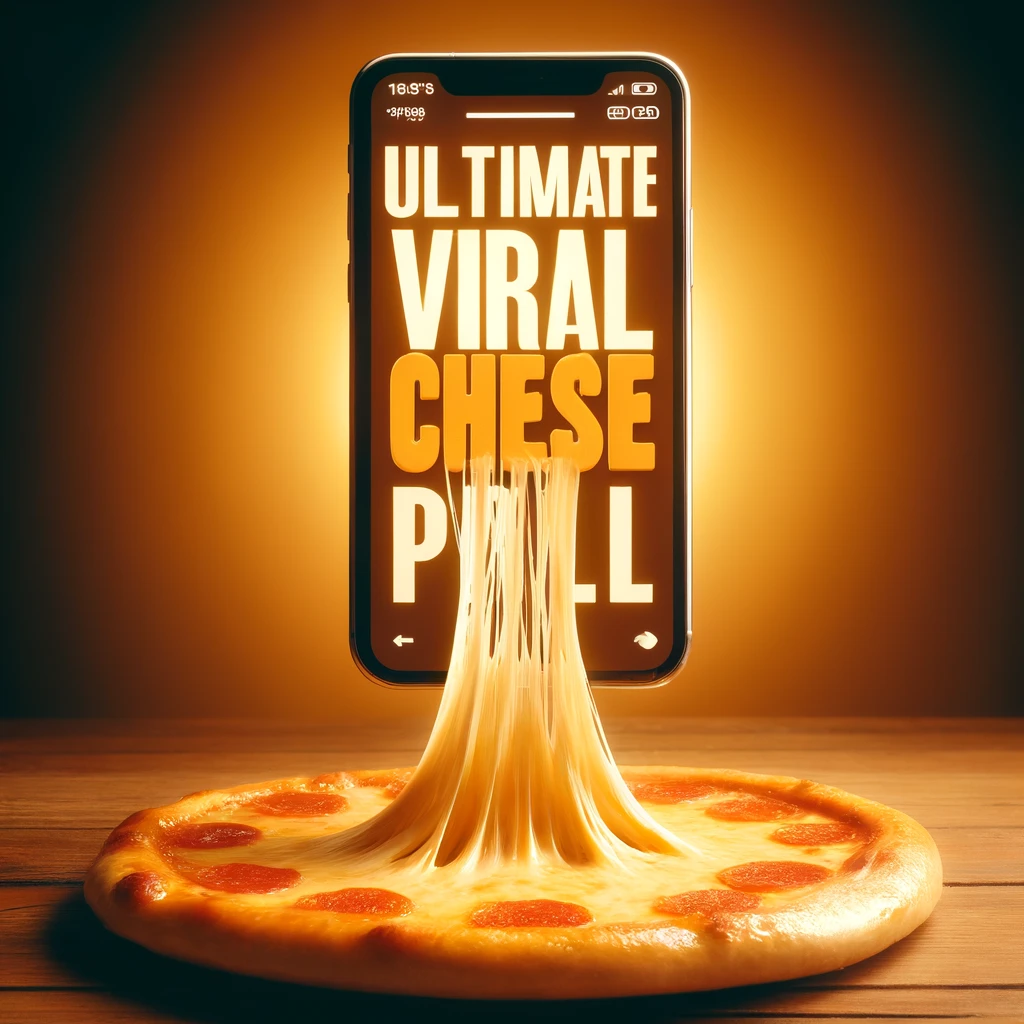 Ultimate Viral Cheese Pull' for pizza. Show a hot, melty pizza with a dramatic, stretchy cheese