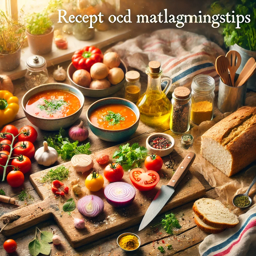 recept.in, A cozy and colorful image for a blog about recipes and cooking tips. It features a wooden kitchen table with fresh ingredients such as tomatoes, onion