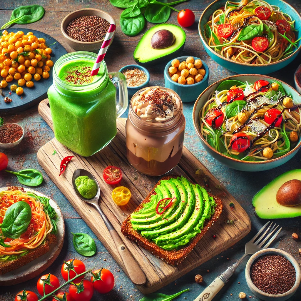 A vibrant and witty blog-style image featuring a colorful array of healthy recipes